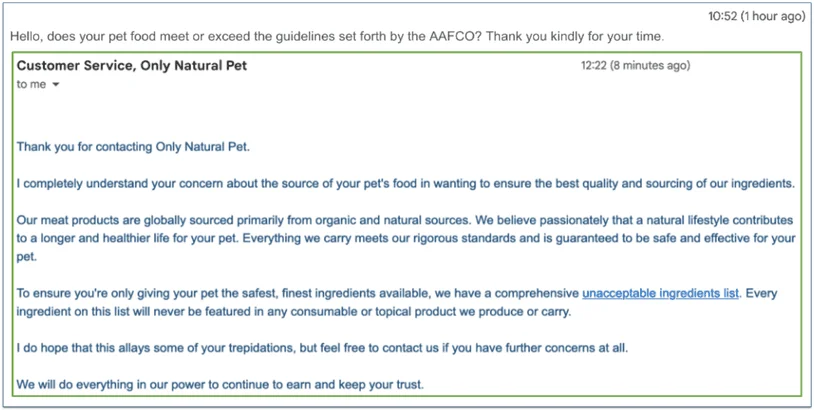 a screenshot of only natural pet's email support response