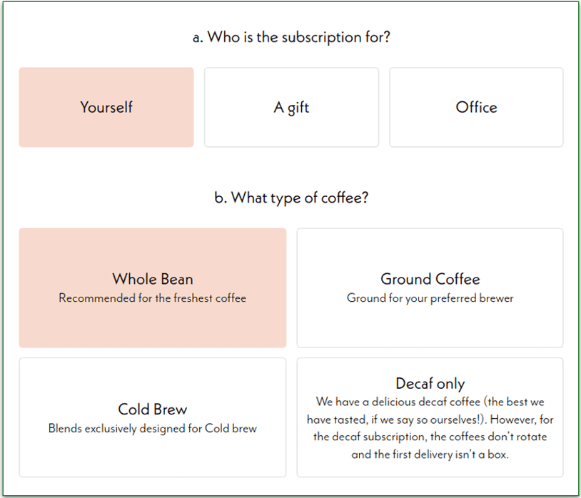 Screenshot of Driftaway Coffe's first steps in the subscription process