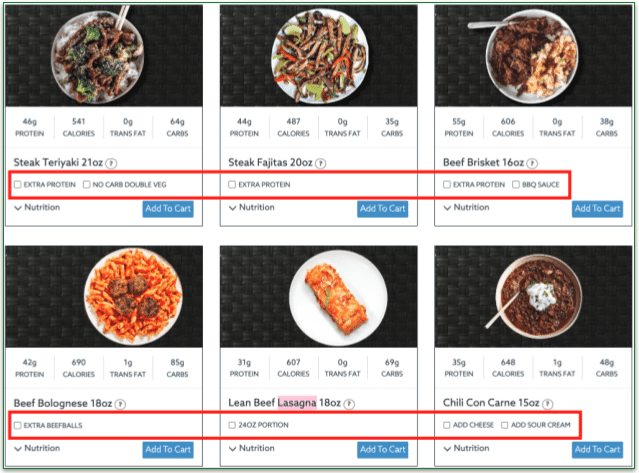 a screenshot of MealPro's customization options