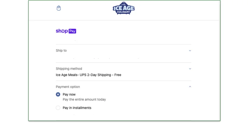 A screenshot of the Ice Age Meals shopping cart