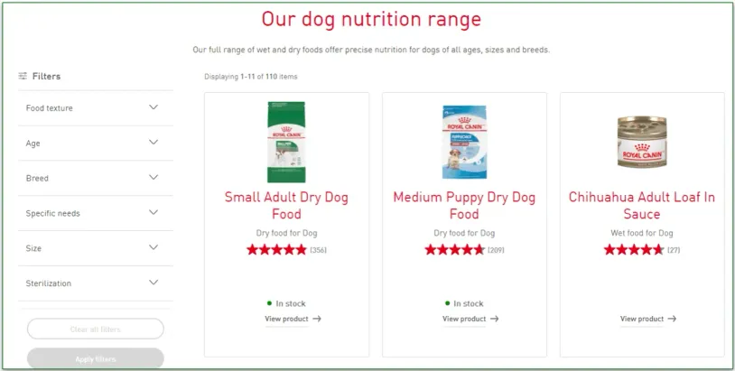 Screenshot of Royal Canin's dog pet food range