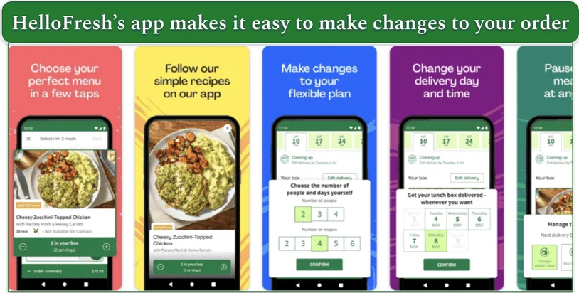 Several screenshots from the HelloFresh app