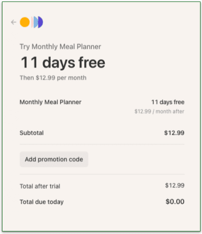 screenshot of 11 days free subscription offer from PlateJoy