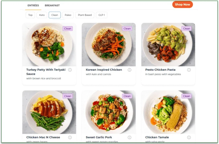 Screenshot of meals available on the Clean meal plan