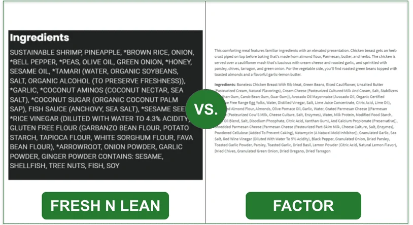 side by side screenshots comparing Fresh N lean and Factor's ingredient lists
