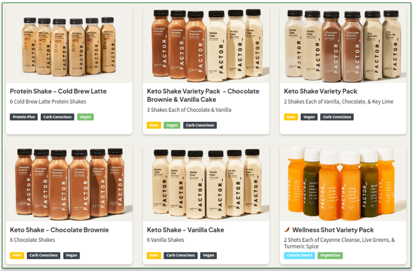 Screenshot of some of Factor's shakes