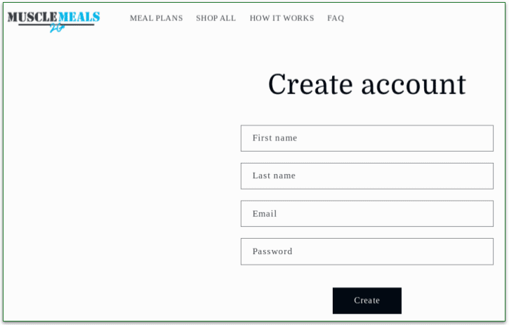 Muscle Meals to Go's Create account page