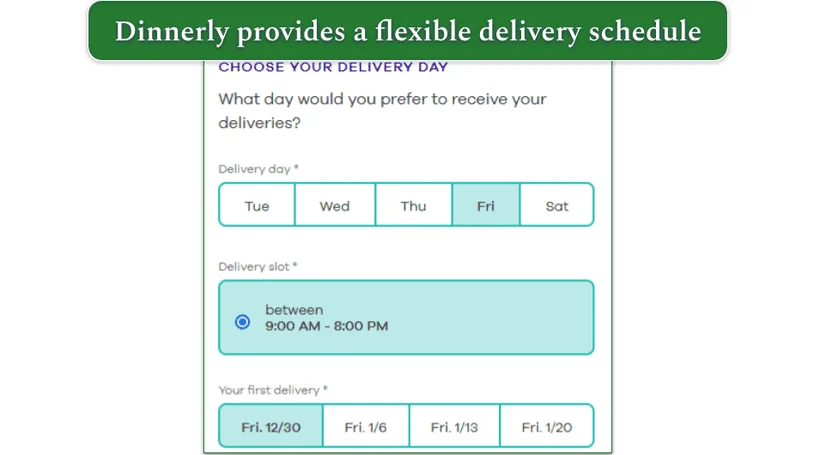Dinnerly's delivery schedule menu