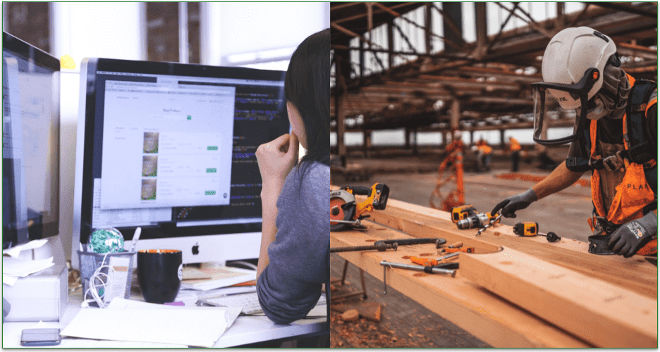 Person working on a computer and a construction worker on site