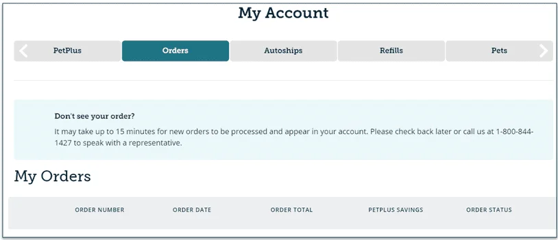 Screenshot of My Account screen on PetCareRx