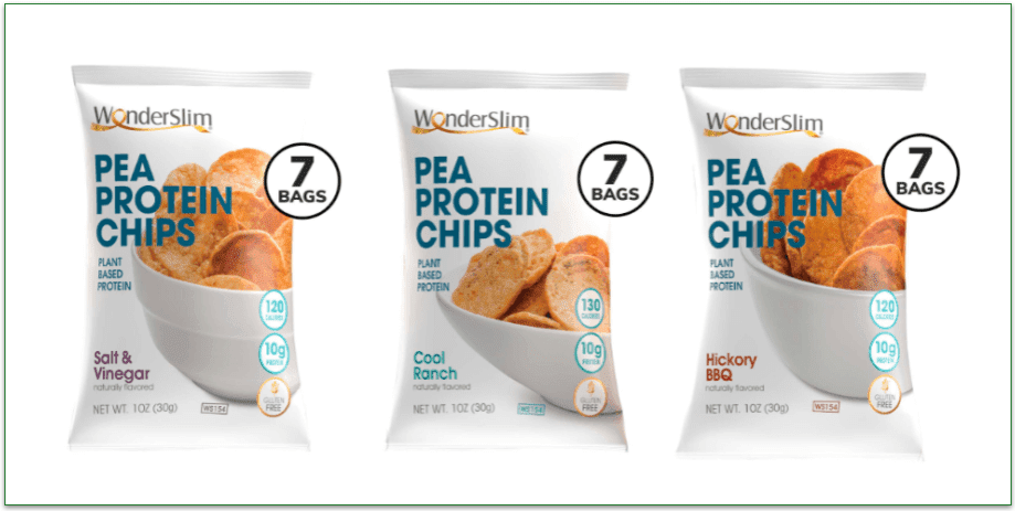 Pictures of the different flavors of WonderSlim Pea Protein Chips