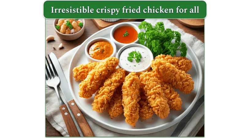 Crispy fried chicken tenders on a plate, next to several bowls of sauces