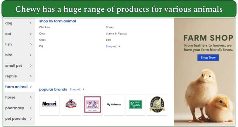 Screenshot of Chewy's farm animal options listing the animals covered