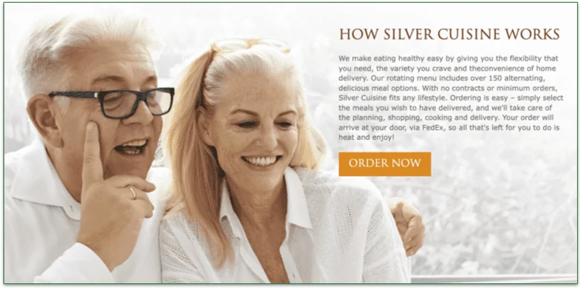 a smiling older couple, and the words "Silver Cuisine has no contracts or minimum orders"