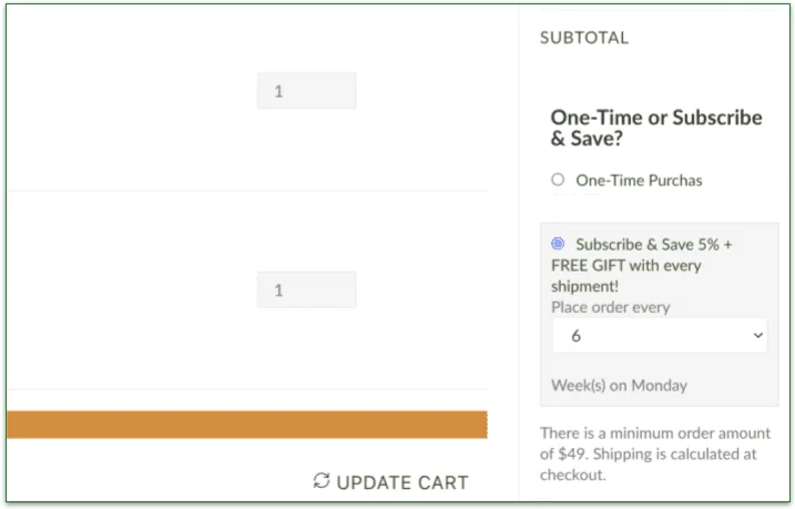 Screenshot of the Subscribe & Save section of the Frozen Garden shopping cart