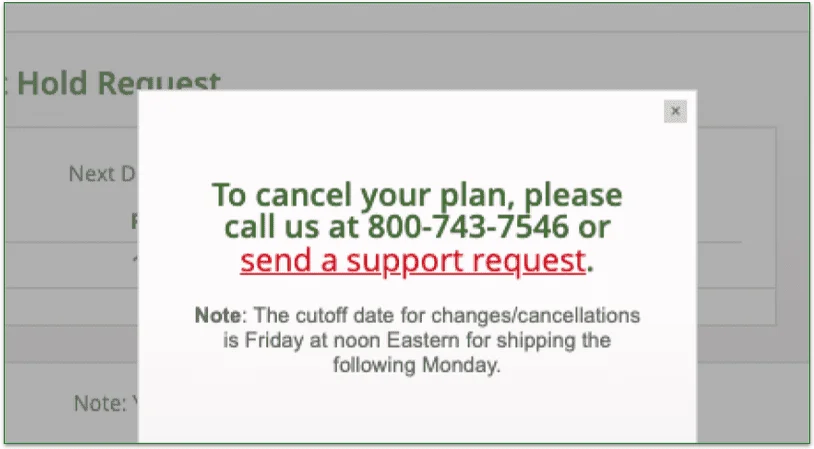 Diet-to-Go's cancelation screen
