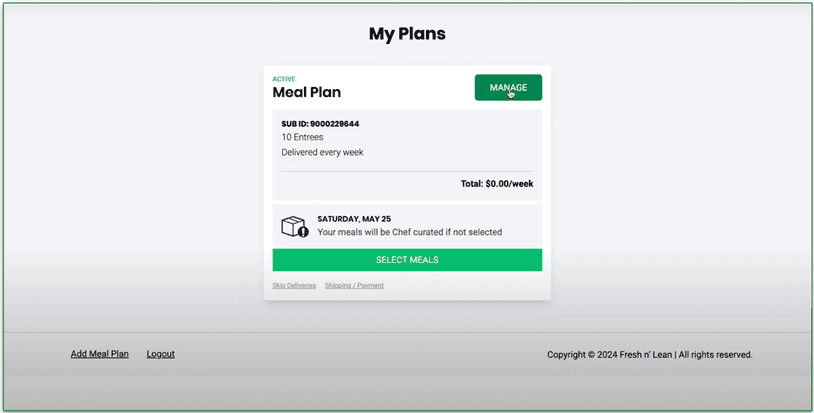 Screenshot of the My Plans section of the Fresh N Lean Website