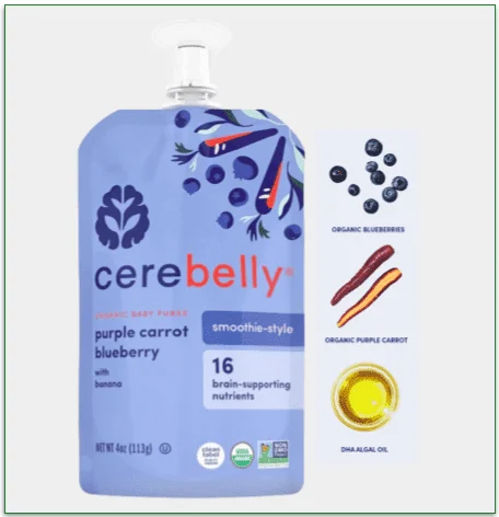 A pouch of Purple Carrot Blueberry with Banana Smoothie, plus its major 3 whole ingredients