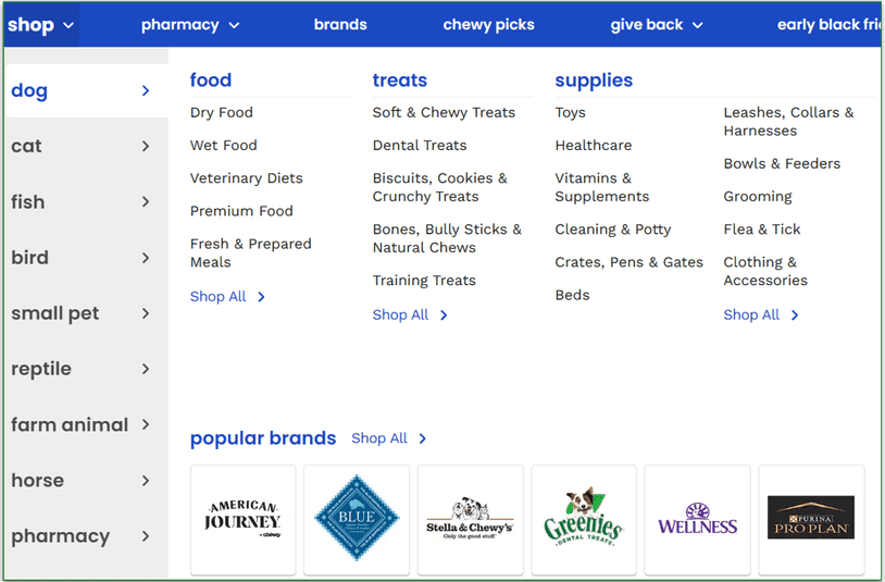 Screenshot of Chewy's shop filters with all pets listed