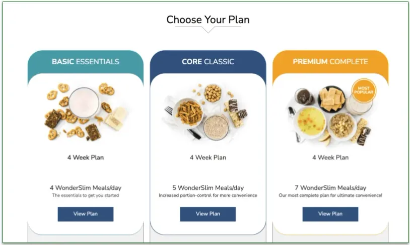 Screenshot of WonderSlim's Plan options