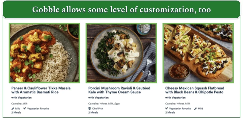 A screenshot of Gobble's vegetarian menu