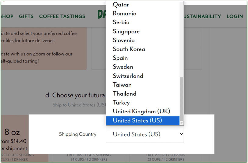 A partial list of the countries where Driftaway Coffee makes deliveries