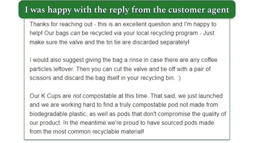 Screenshot of email from Atlas Coffee Club explaining recycling information for the bags, and the aim to find a compostable pod