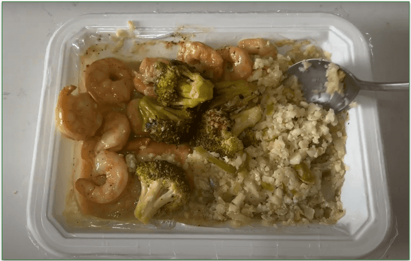 Image of the Sweet Chili Shrimp with Peppers and Cauliflower Rice in its microwaveable tray