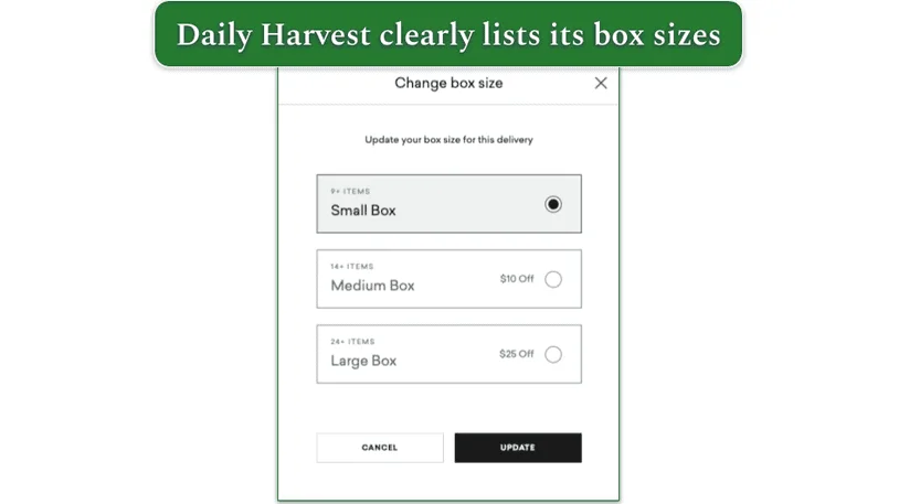 Screenshot of box sizes available on Daily Harvest.