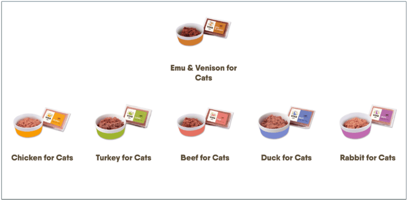 a screenshot of viva raw's cat food options