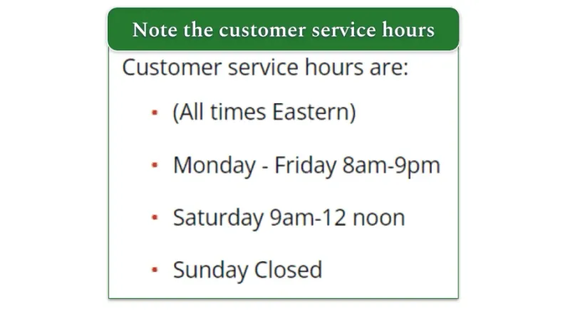 Customer service hours screenshot