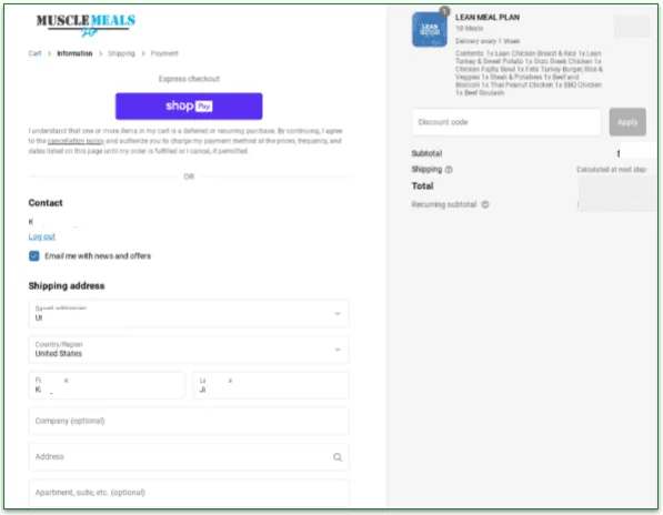 Muscle Meals to Go's shipping details page