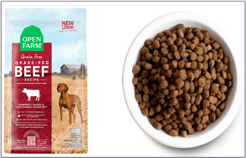 A bowl and a bag of Open Farm's Grain Free Grass-Fed Beef Recipe