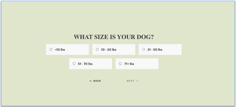 Screenshot of The Honest Kitchen’s quiz screen What Size is Your Dog