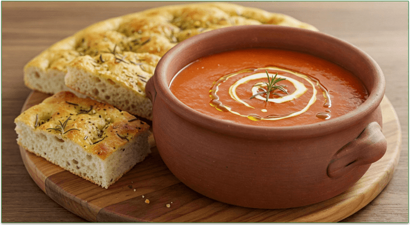 A bowl of tomato soup alongside some focaccia.