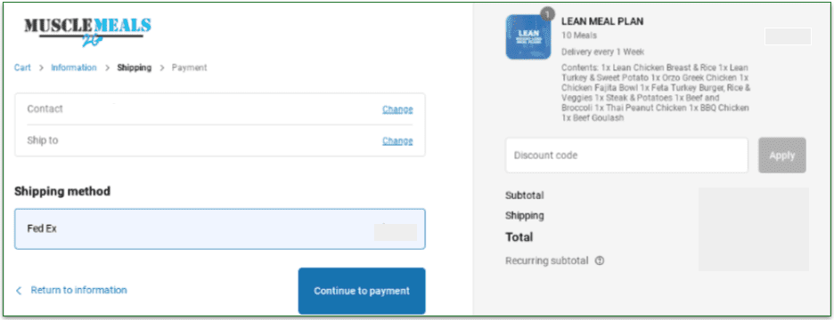 Choosing a shipping method on the Muscle Meal to Go website