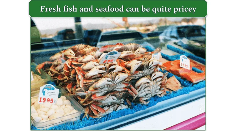 Fresh fish and seafood in the store, with price tags