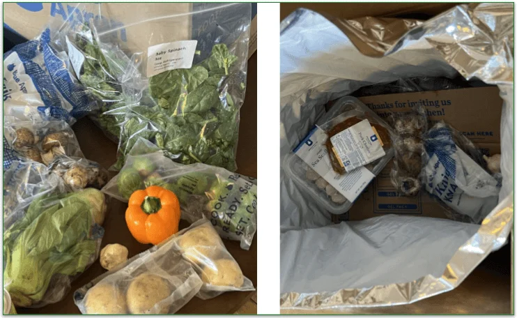 Photo of produce items in clear packaging next to a photo of chilled items in an insulated bag