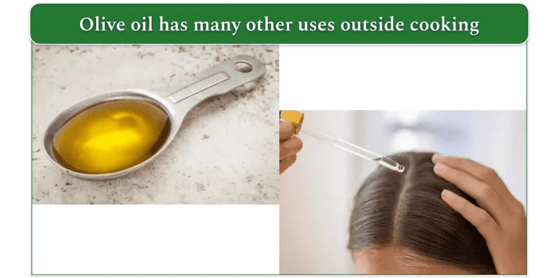 olive oil on a tablespoon (left) and olive oil being used on hair with a pipette (right)
