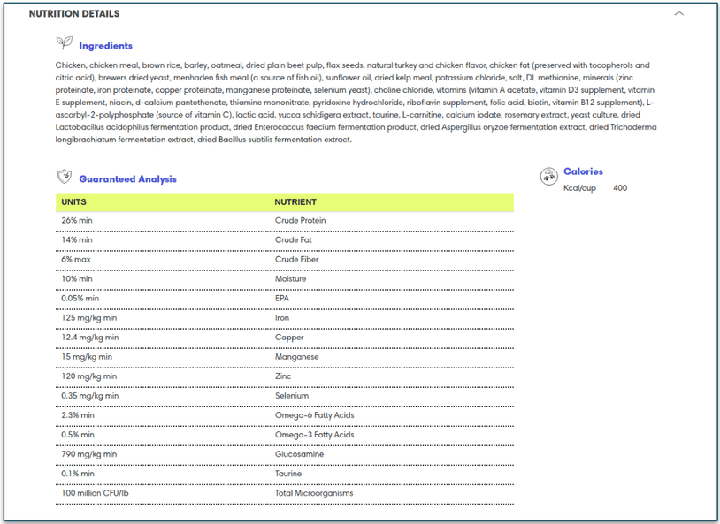 Each product comes with detailed nutritional info