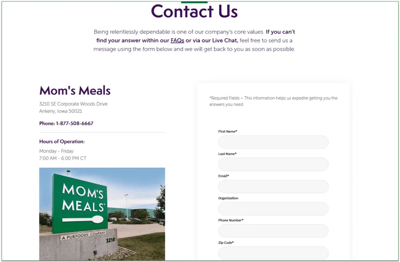 Screenshot of Mom's Meals' Contact Us page
