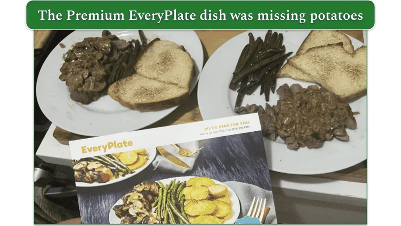 EveryPlate's Creamy Mushroom Steak dish served with bread instead of potatoes as pictured on the recipe image