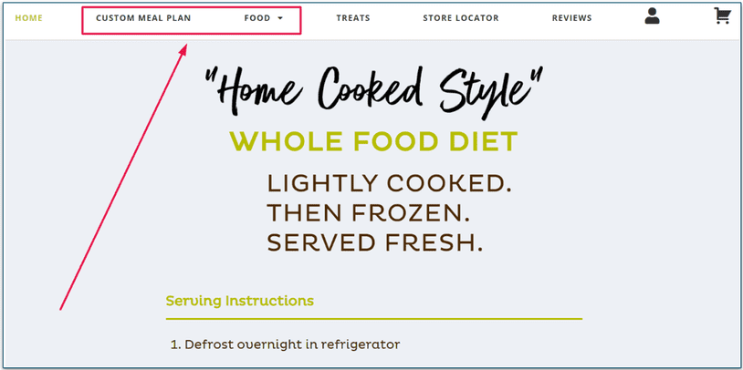 Screenshot of Raised Right's Homepage, with a box showing the Custom Meal Plan and Food headings.