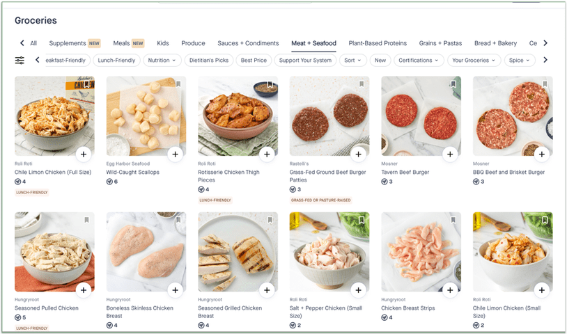 The Meat + Seafood section of Hungryroot's online grocery market
