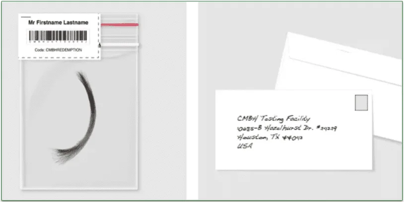 Labeled hair sample and envelope with testing lab address