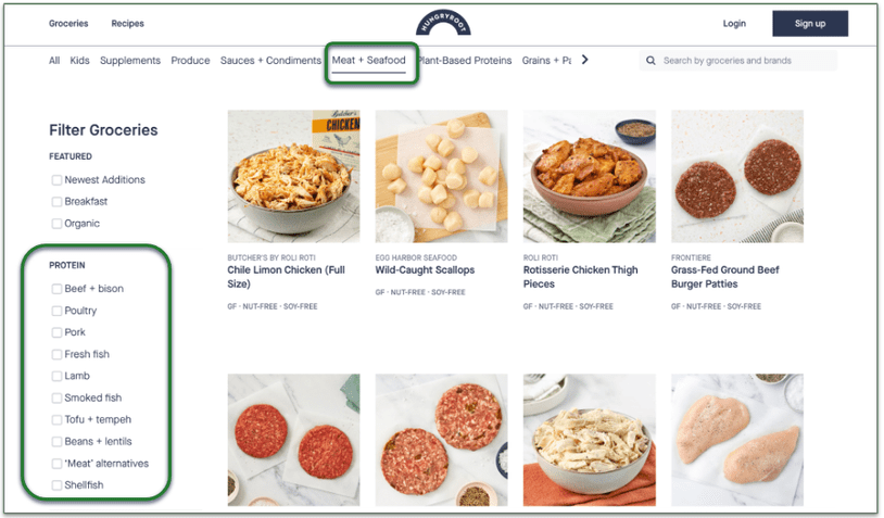 Screenshot of Hungryroot's Meat + Seafood menu