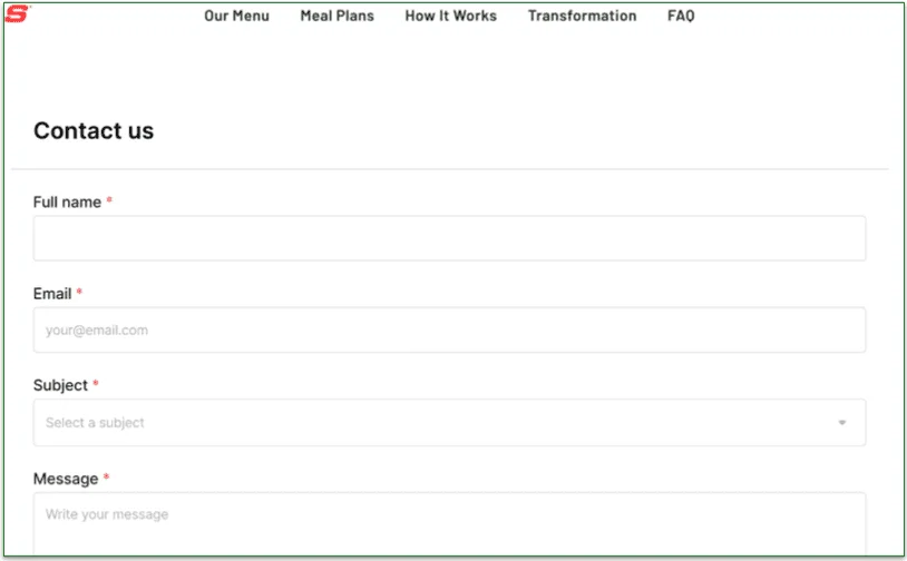 The "contact us" form on the Fuel Meals website