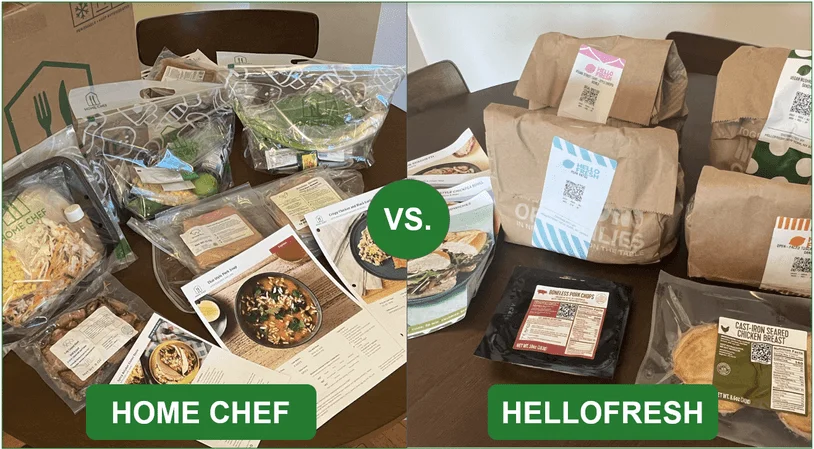 Home Chef meal kit recipes in plastic bags alongside HelloFresh's paper recipe bags