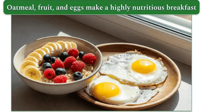 a bowl of oatmeal and fruit beside some fried eggs