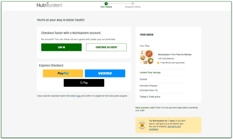 Image of order details and account set up screen